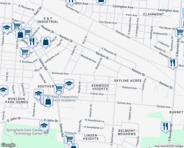 map of restaurants, bars, coffee shops, grocery stores, and more near 1131 Beacon Street in Springfield
