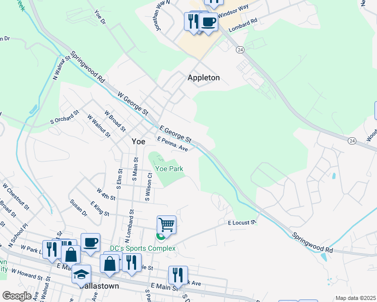 map of restaurants, bars, coffee shops, grocery stores, and more near 0 East Pennsylvania Avenue in Dallastown