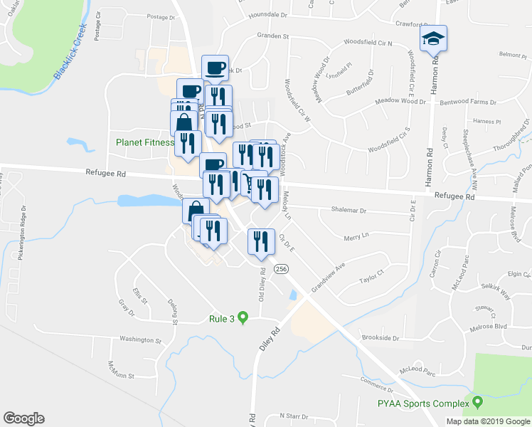 map of restaurants, bars, coffee shops, grocery stores, and more near 873 Refugee Road in Pickerington