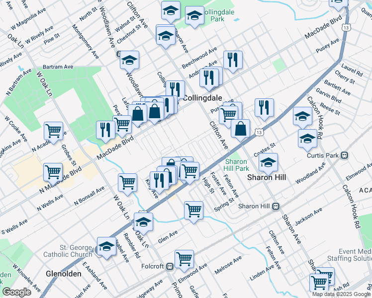 map of restaurants, bars, coffee shops, grocery stores, and more near 111 Wayne Avenue in Collingdale