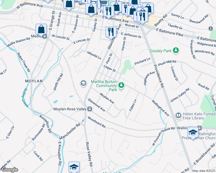 map of restaurants, bars, coffee shops, grocery stores, and more near 115 Ronaldson Street in Media