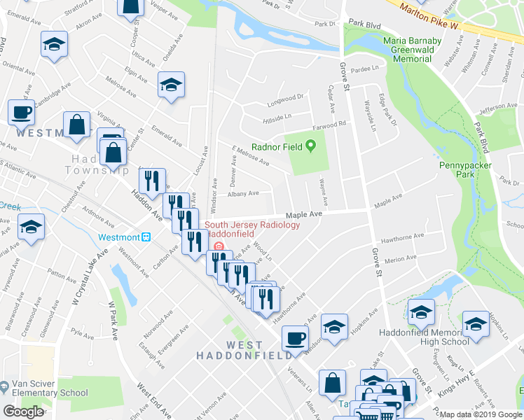 map of restaurants, bars, coffee shops, grocery stores, and more near 431 Maple Avenue in Haddon Township