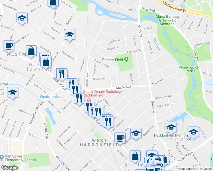 map of restaurants, bars, coffee shops, grocery stores, and more near 431 Maple Avenue in Collingswood