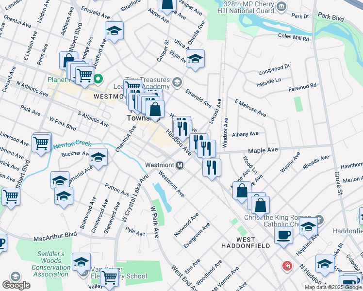 map of restaurants, bars, coffee shops, grocery stores, and more near 231 North Haddon Avenue in Haddonfield