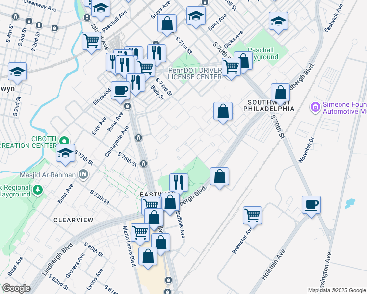 map of restaurants, bars, coffee shops, grocery stores, and more near 7402 Lapwing Pl in Philadelphia