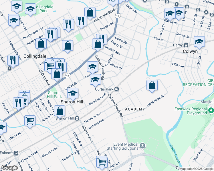 map of restaurants, bars, coffee shops, grocery stores, and more near 742 Poplar Street in Sharon Hill