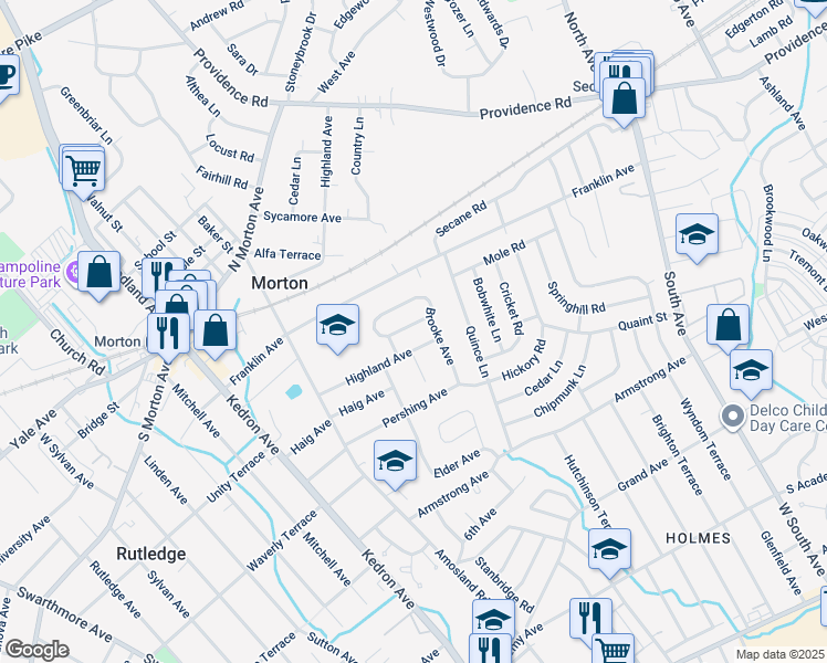 map of restaurants, bars, coffee shops, grocery stores, and more near 2236 Martin Lane in Morton