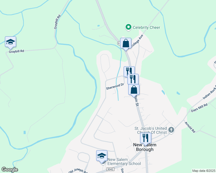 map of restaurants, bars, coffee shops, grocery stores, and more near 4042 Robinhood Drive in New Salem Borough