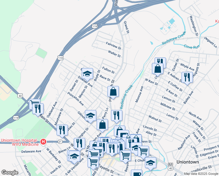map of restaurants, bars, coffee shops, grocery stores, and more near 221 Pittsburgh Road in Uniontown