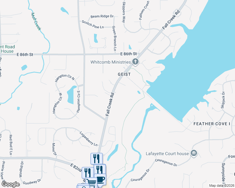 map of restaurants, bars, coffee shops, grocery stores, and more near 10036 Fall Creek Road in Indianapolis