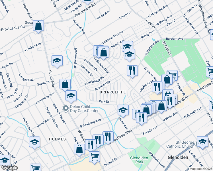 map of restaurants, bars, coffee shops, grocery stores, and more near 215 Stratford Road in Glenolden