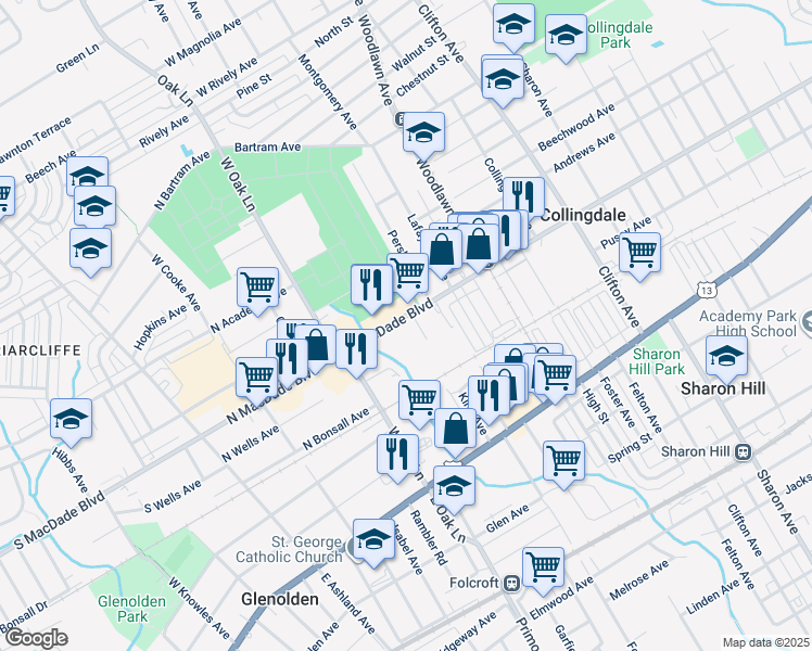 map of restaurants, bars, coffee shops, grocery stores, and more near 1212 Macdade Boulevard in Collingdale
