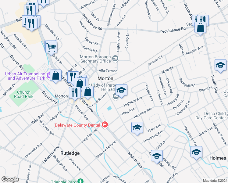 map of restaurants, bars, coffee shops, grocery stores, and more near 2118 Franklin Avenue in Morton