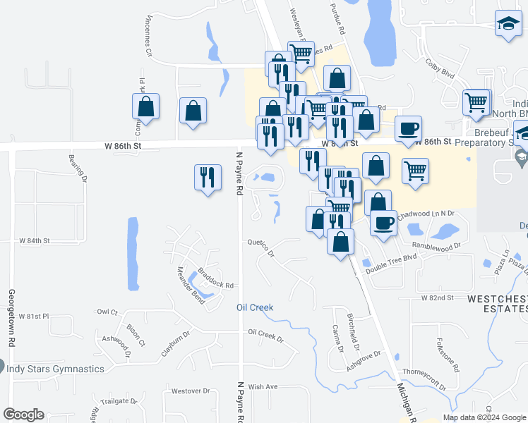 map of restaurants, bars, coffee shops, grocery stores, and more near 8439 Autumn Leaf Court in Indianapolis