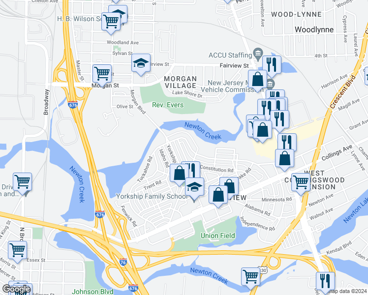 map of restaurants, bars, coffee shops, grocery stores, and more near 2776 North Constitution Road in Camden