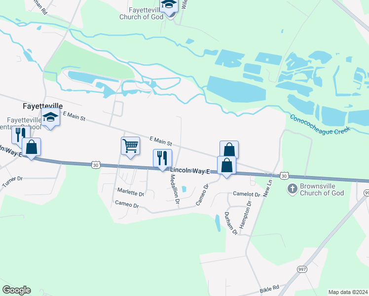 map of restaurants, bars, coffee shops, grocery stores, and more near 136 Lincoln Highway in Fayetteville