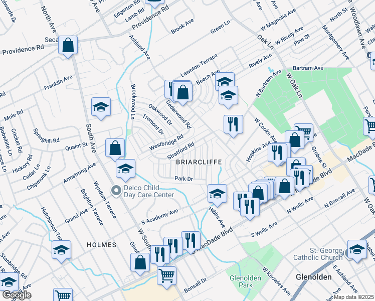 map of restaurants, bars, coffee shops, grocery stores, and more near 217 Stratford Road in Glenolden