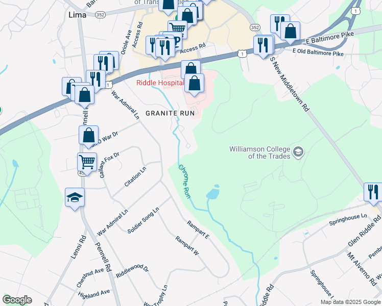 map of restaurants, bars, coffee shops, grocery stores, and more near 532 Williamson Circle in Media