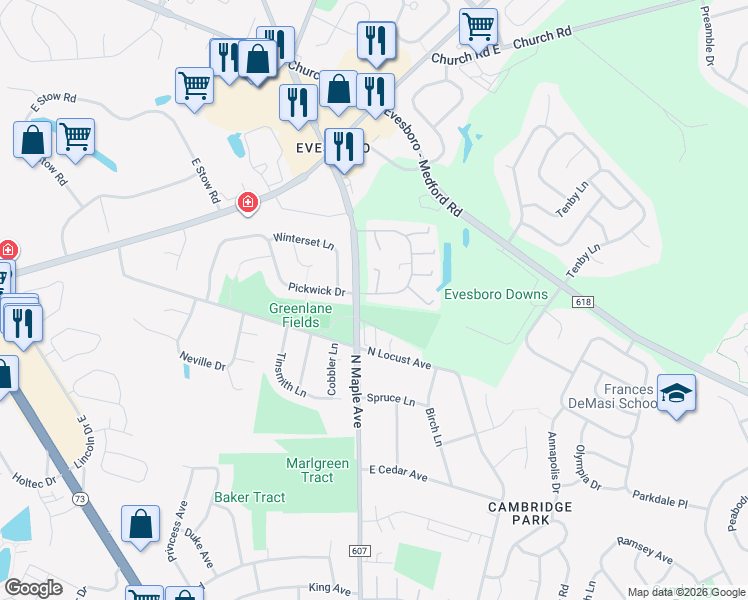 map of restaurants, bars, coffee shops, grocery stores, and more near 3 Riesling Court in Evesham