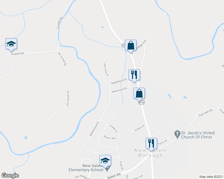 map of restaurants, bars, coffee shops, grocery stores, and more near 4042 Robinhood Drive in New Salem Borough