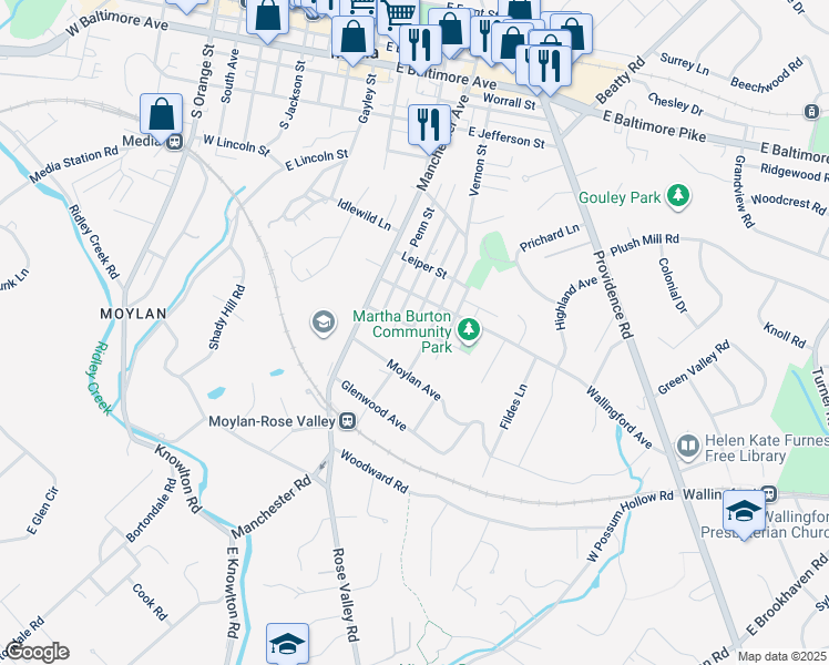map of restaurants, bars, coffee shops, grocery stores, and more near 115 Ronaldson Street in Media