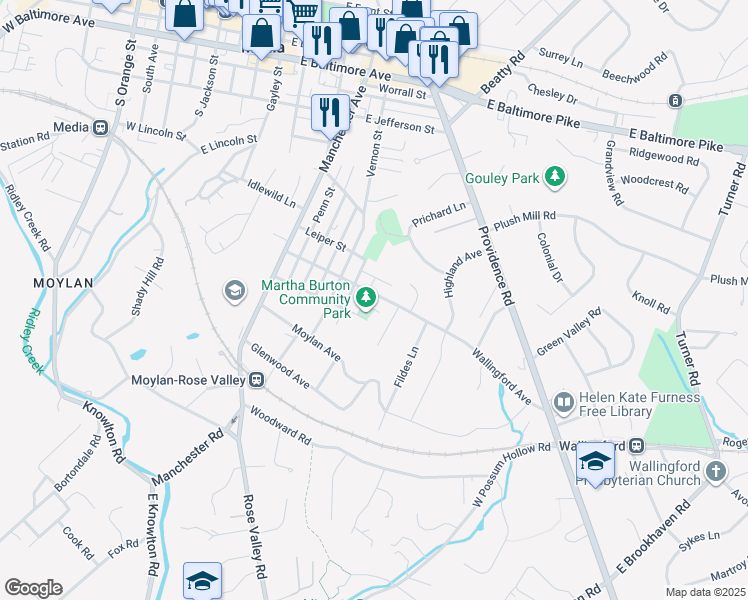 map of restaurants, bars, coffee shops, grocery stores, and more near 608 Wallingford Avenue in Media