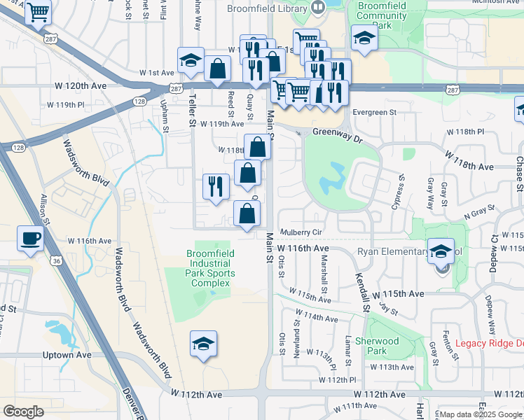 map of restaurants, bars, coffee shops, grocery stores, and more near 11680 Quay Street in Broomfield
