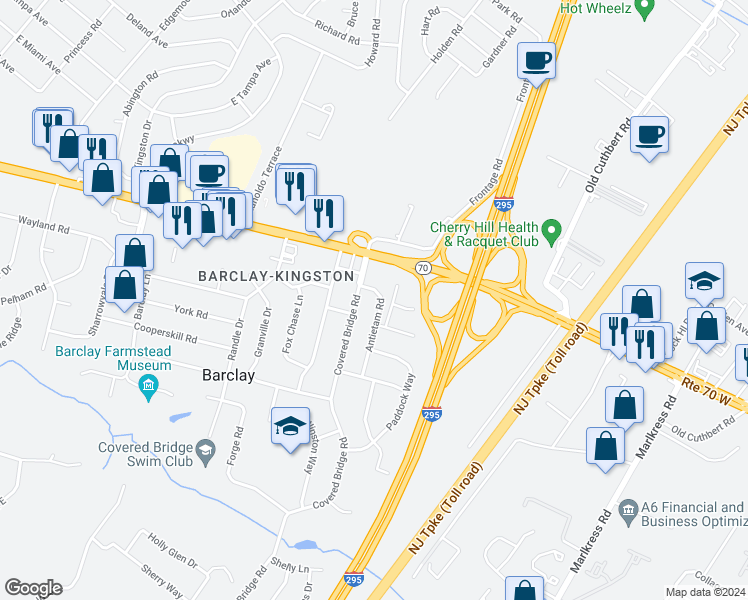 map of restaurants, bars, coffee shops, grocery stores, and more near 104 Antietam Road in Cherry Hill