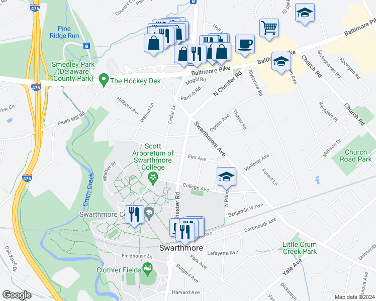 map of restaurants, bars, coffee shops, grocery stores, and more near 315 Elm Avenue in Swarthmore