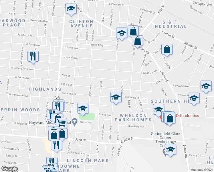 map of restaurants, bars, coffee shops, grocery stores, and more near 522 East Rose Street in Springfield