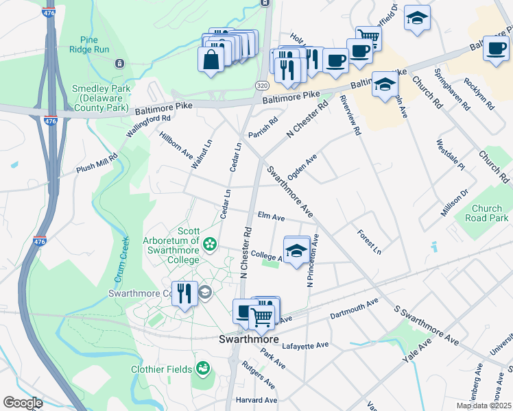 map of restaurants, bars, coffee shops, grocery stores, and more near 315 Elm Avenue in Swarthmore