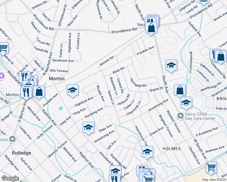 map of restaurants, bars, coffee shops, grocery stores, and more near 833 Bobwhite Lane in Delaware County