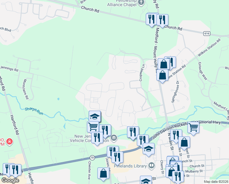 map of restaurants, bars, coffee shops, grocery stores, and more near 6 Langport Drive in Medford