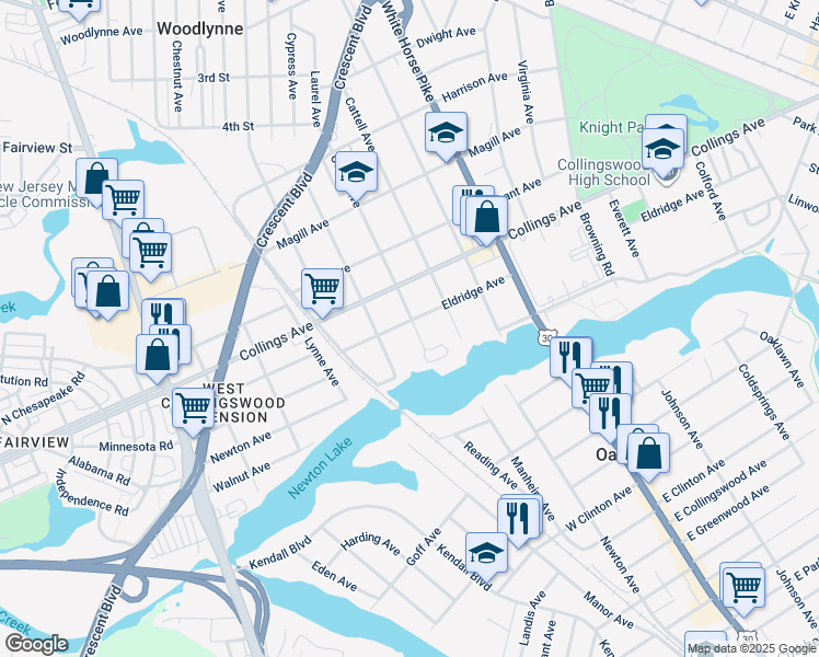 map of restaurants, bars, coffee shops, grocery stores, and more near 900 Eldridge Avenue in Oaklyn