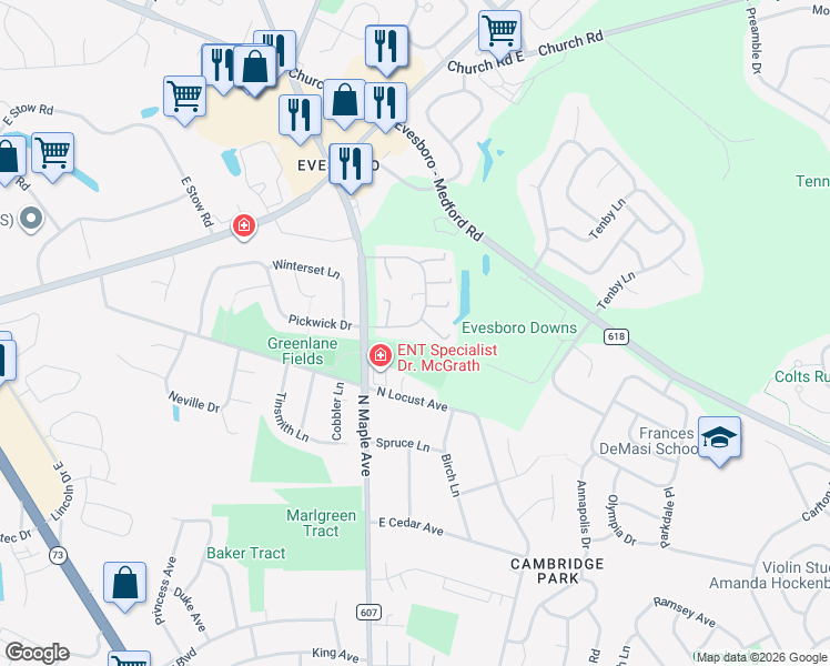 map of restaurants, bars, coffee shops, grocery stores, and more near 37 Burgundy Drive in Evesham