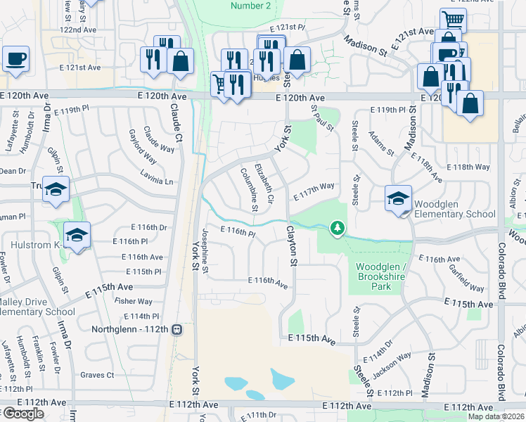 map of restaurants, bars, coffee shops, grocery stores, and more near 11804 Columbine Street in Thornton