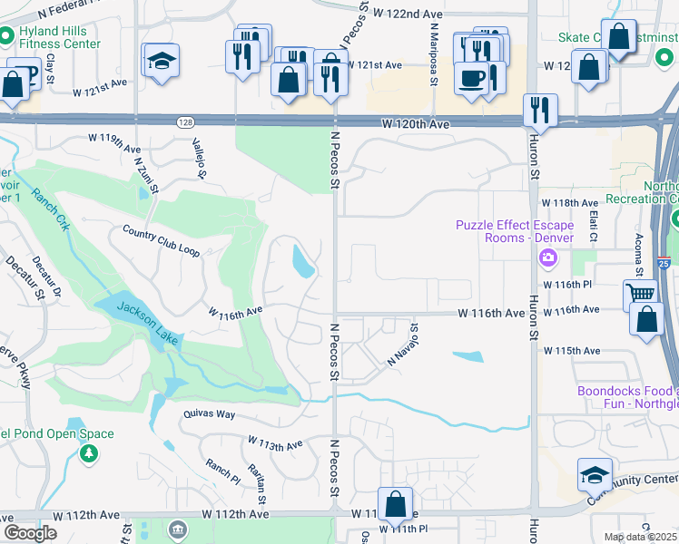 map of restaurants, bars, coffee shops, grocery stores, and more near 11704 North Pecos Street in Westminster