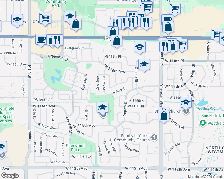 map of restaurants, bars, coffee shops, grocery stores, and more near 5777 West 117th Place in Broomfield