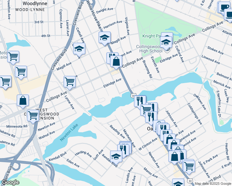 map of restaurants, bars, coffee shops, grocery stores, and more near 723 Richey Avenue in Oaklyn