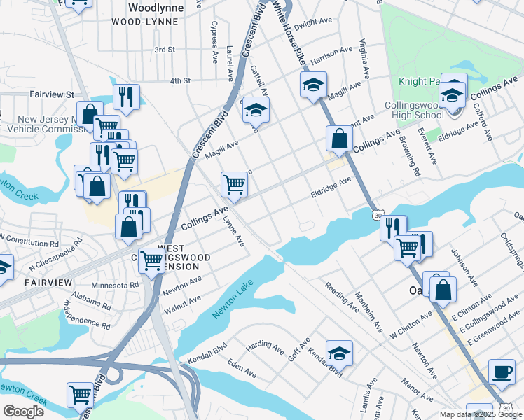 map of restaurants, bars, coffee shops, grocery stores, and more near 918 West Collings Avenue in Oaklyn