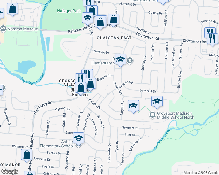 map of restaurants, bars, coffee shops, grocery stores, and more near 3321 Arnsby Road in Columbus