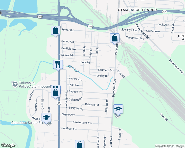 map of restaurants, bars, coffee shops, grocery stores, and more near 229 Southard Drive in Columbus