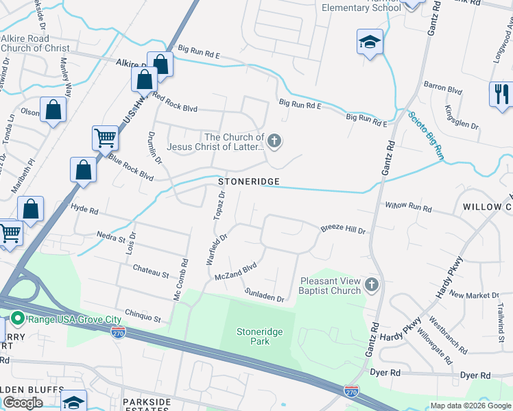 map of restaurants, bars, coffee shops, grocery stores, and more near 2290 Turquoise Drive in Grove City