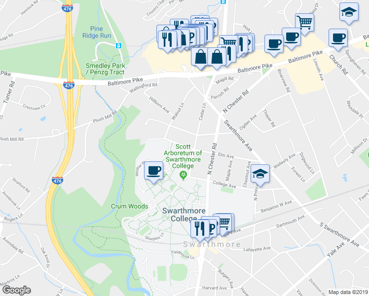 map of restaurants, bars, coffee shops, grocery stores, and more near 510 Elm Avenue in Swarthmore
