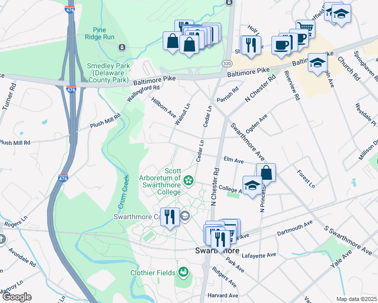 map of restaurants, bars, coffee shops, grocery stores, and more near 510 Elm Avenue in Swarthmore