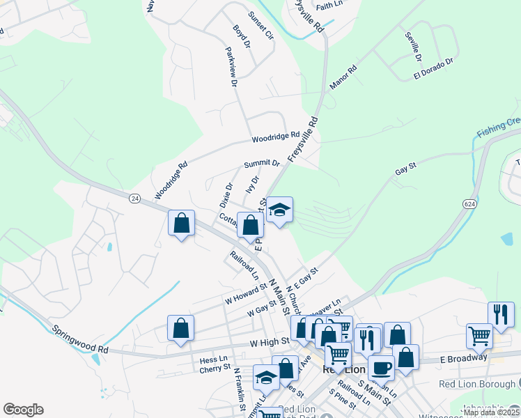 map of restaurants, bars, coffee shops, grocery stores, and more near East Prospect Street in Red Lion