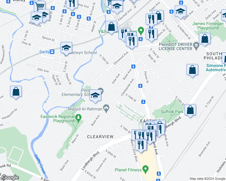 map of restaurants, bars, coffee shops, grocery stores, and more near 7605 Buist Avenue in Philadelphia