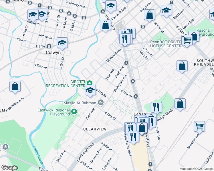 map of restaurants, bars, coffee shops, grocery stores, and more near 7605 Buist Avenue in Philadelphia