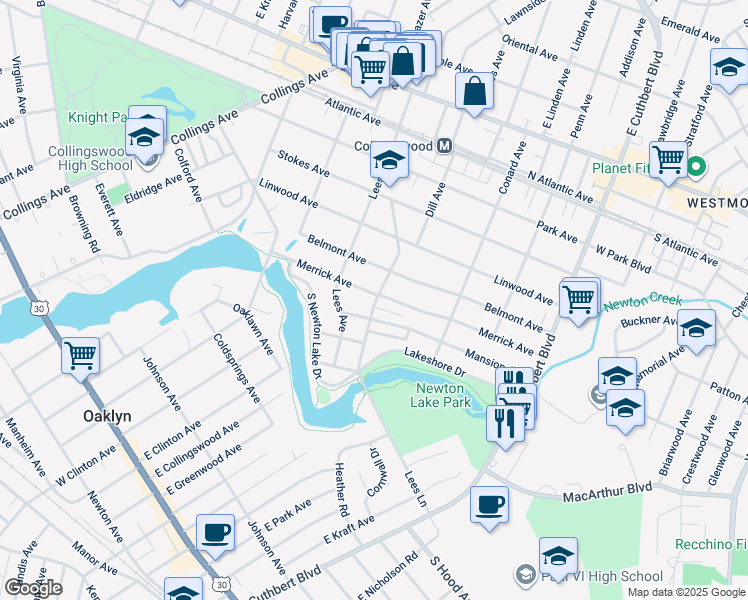 map of restaurants, bars, coffee shops, grocery stores, and more near 828 Merrick Avenue in Collingswood
