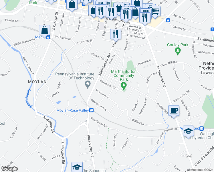 map of restaurants, bars, coffee shops, grocery stores, and more near 105 Ronaldson Street in Media